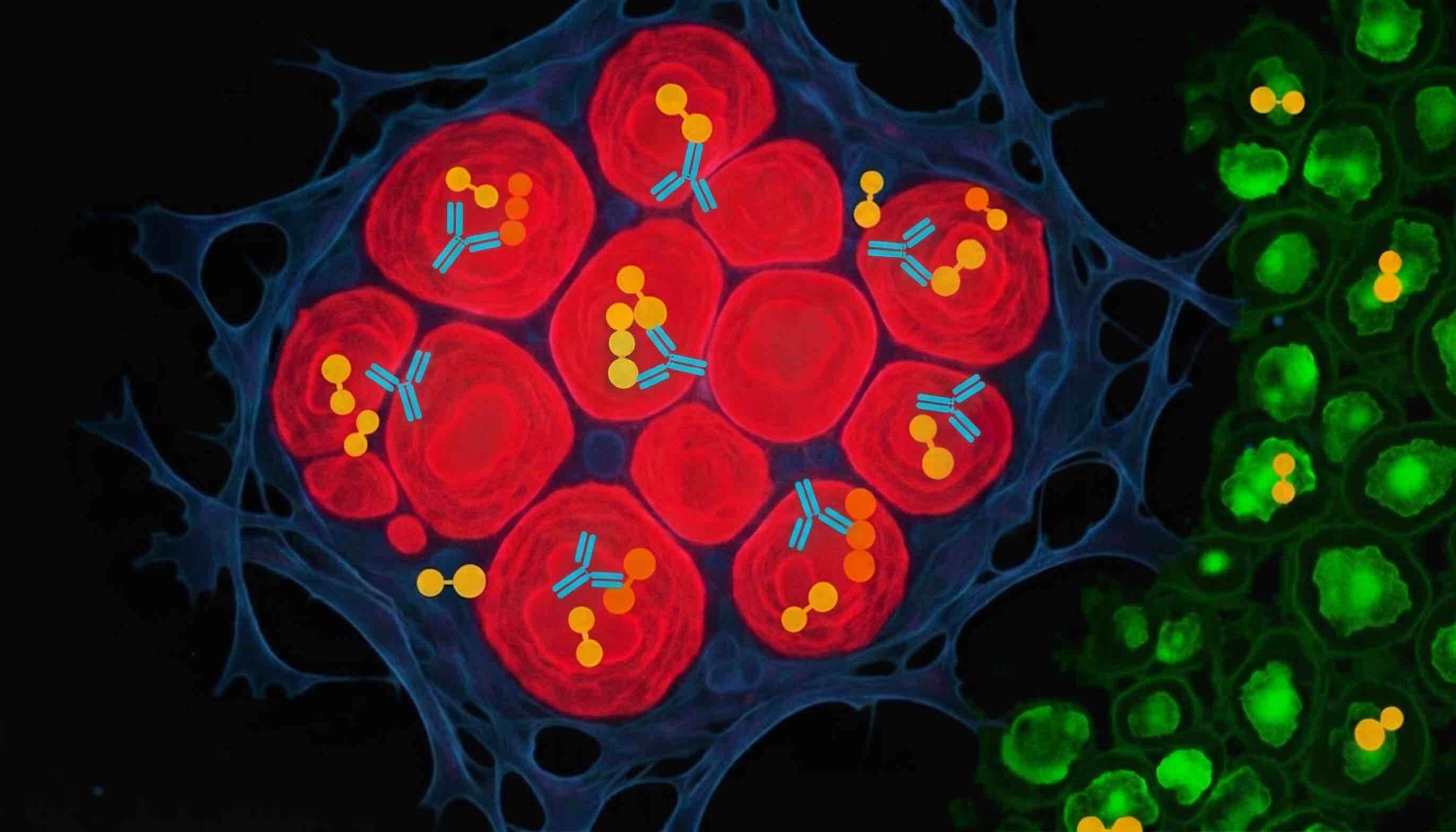 Fluorescence microscopy image of cancer cells (red) and stromal cells (blue)